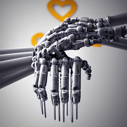 Prompt: a close up shot humanmecha Heart-shaped fingers, two hang, ikea manual, white steel, extreme details, matte, noise, smoke, vertical symmetry, colourful lighting, steel joint, Wires, Mechanisms, unreal engine 5,