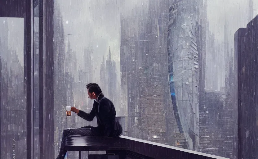 Prompt: elegant man drinking coffee at balcony in guangzhou, city with detailed zaha hadid building seen behind, late night raining, highly detailed characters, by greg rutkowski, alphonse mucha, beeple, sharp focus, digital art, smooth, light refraction, pixiv art, volumetric lighting