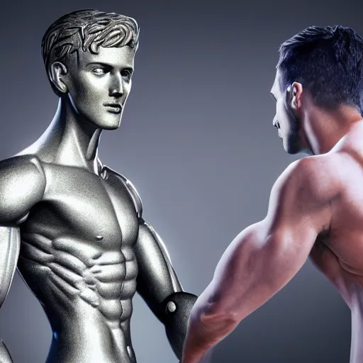 Image similar to a realistic detailed photo of a guy who is an attractive humanoid who is half robot and half humanoid, who is a male android, attractive and handsome soccer players, shiny skin, posing like a statue, blank stare, in a factory, on display, showing off his muscles, wearing soccer shorts, side view, looking at each other mindlessly