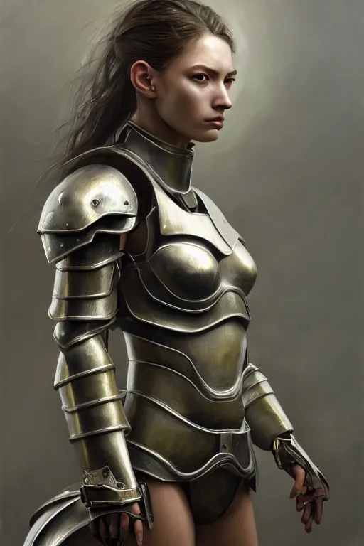 Image similar to a photorealistic painting of an attractive young girl, partially clothed in metal-plated battle armor, olive skin, long dark hair, beautiful bone structure, symmetrical face, perfect eyes, intricate, elegant, digital painting, concept art, illustration, sharp focus, minimal artifacts, from Metal Gear, in the style of Ruan Jia and Mandy Jurgens, by Greg Rutkowski, trending on Artstation, award winning