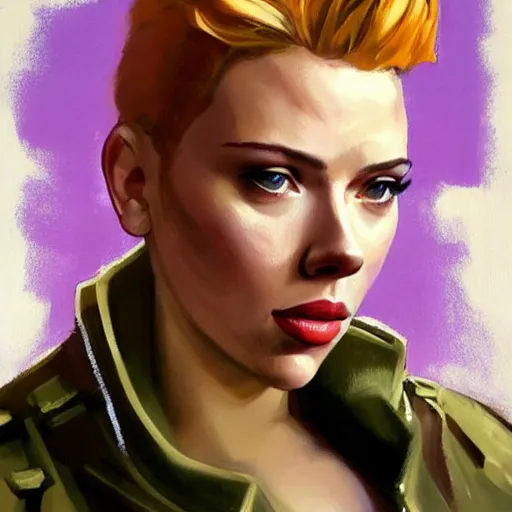 Image similar to greg manchess portrait of scarlett johansson as roided thick very muscular weightlifter zarya from overwatch with short blond hair and ponytail, fantasy, medium shot, asymmetrical, profile picture, organic painting, sunny day, matte painting, bold shapes, hard edges, street art, trending on artstation, by huang guangjian and gil elvgren and sachin teng