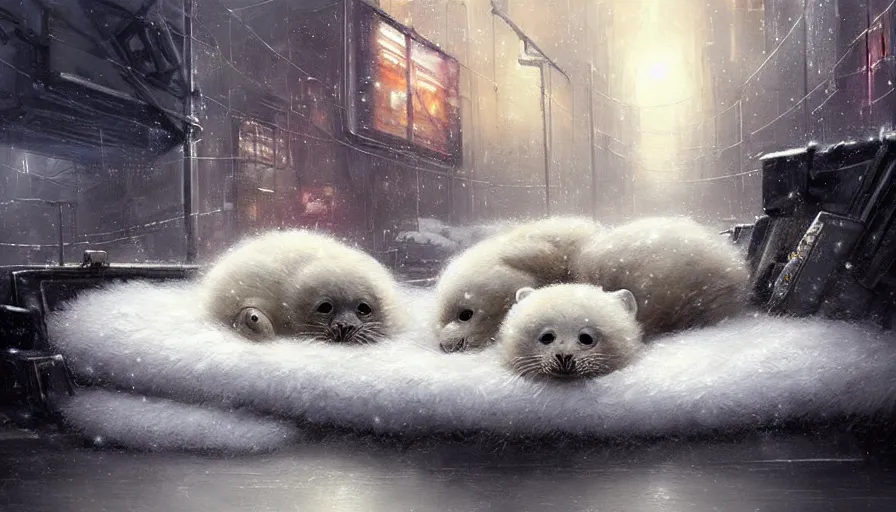 Prompt: highly detailed painting of cute furry white baby seals cuddled up in a cardboard box in a snowy dystopian cyberpunk street by william turner, by greg rutkowski, by artgerm, thick brush strokes and visible paint layers, 4 k resolution, retrowave colour scheme