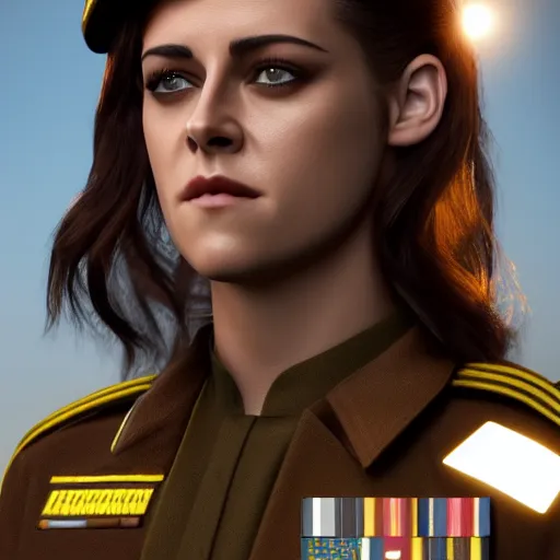 Image similar to Render of Kristen Stewart as Honor Harrington wearing an officer's uniform, cute 3d, long brown hair, brown eyes, soft smile, golden hour, aboard a starship, medium shot, mid-shot, trending on Artstation, Unreal Engine 4k