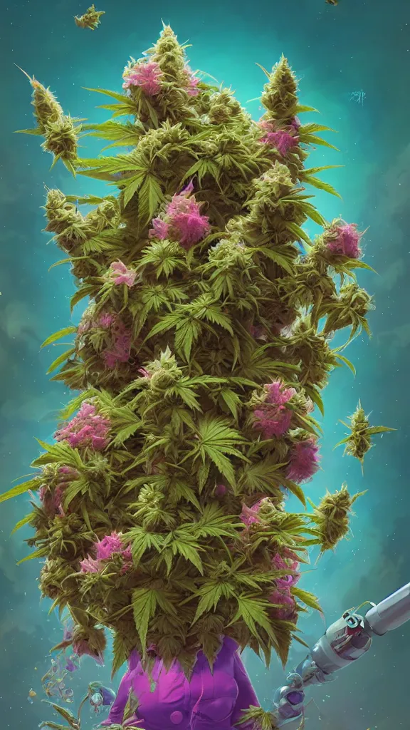 Prompt: An epic fantastic realism comic book style painting of the most beautiful cannabis flowers and buds launched into space, by James Gilleard, dank trichome bouquets, fisheye lens, unreal 5, DAZ, hyperrealistic, octane render, cosplay, RPG portrait, dynamic lighting