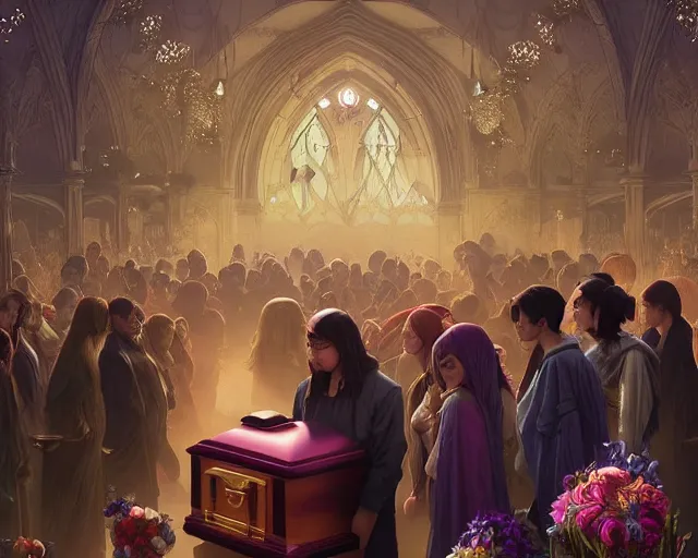 Image similar to a funeral with coffin, flowers and mourners inside a supermarket, photography of kurzgesagt, deep focus, d & d, fantasy, intricate, elegant, highly detailed, digital painting, artstation, concept art, matte, sharp focus, illustration, hearthstone, art by artgerm and greg rutkowski and alphonse mucha