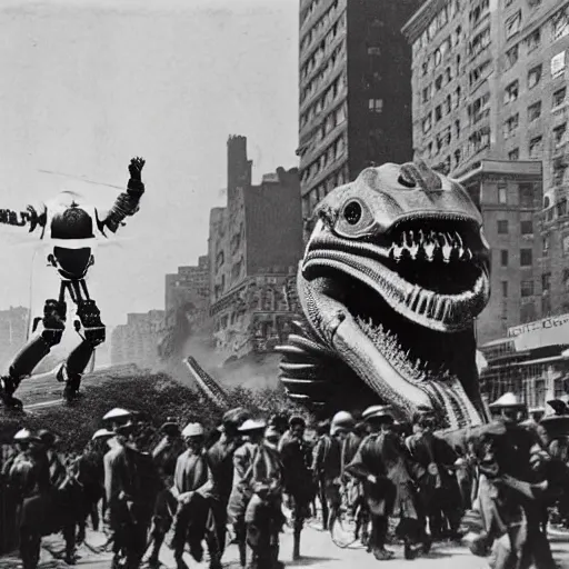 Prompt: old black and white photo, 1 9 1 3, depicting a giant biomechanical alien monster kaiju robot fighting the army through the bustling streets of new york city, historical record