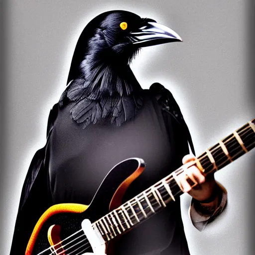 Prompt: photograph of a crow guitarist, hyperreal