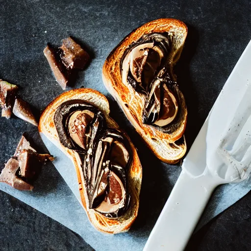 Prompt: toast with nutella and sardine, food photography, 5 0 mm f / 1. 6, sigma lens, elegant