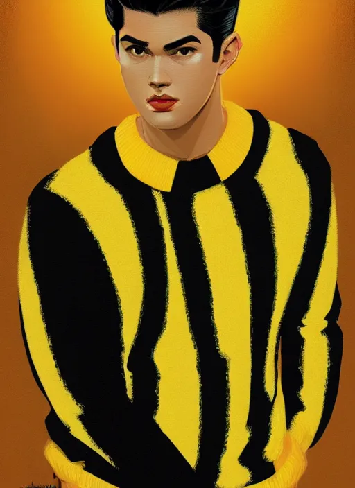 Image similar to portrait of young reggie mantle, mean smirk, egotistical, slicked back hair, striped yellow and black sweater, 1 9 5 0 s, intricate, elegant, glowing lights, highly detailed, digital painting, artstation, concept art, smooth, sharp focus, illustration, art by wlop, mars ravelo and greg rutkowski