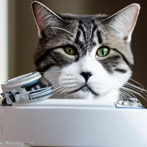 Image similar to a cat wearing a stormtrooper helmet while on the kitchen table, 40nm lens, shallow depth of field, split lighting, 4k,