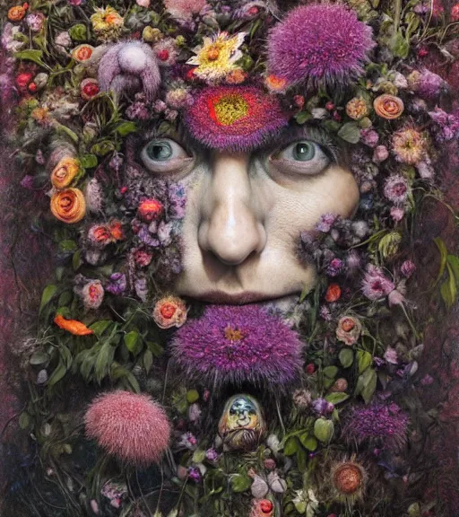 Image similar to portrait, stranger psycho, covered in flowers, horror, by michael page, alyssa monks, julie heffernan, glenn brown, naoto hattori, brian froud, nicola samori, paolo roversi, kilart, 8 k, hyper detailed, hyper realism, acrylic paint, surrealism.