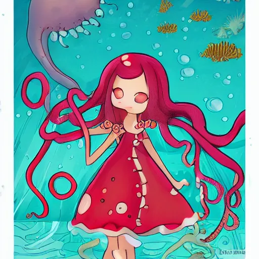 Image similar to a cute octopus girl with a flowy dress under the sea trending on art station