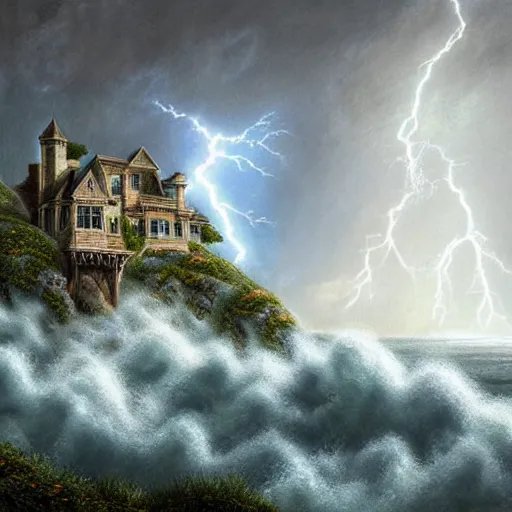 Image similar to Ultra Realistic Hyper detailed Fantasy view of a Haunted Mansion overlooking the cliffs edge where ocean waves are crashing during a lightning storm