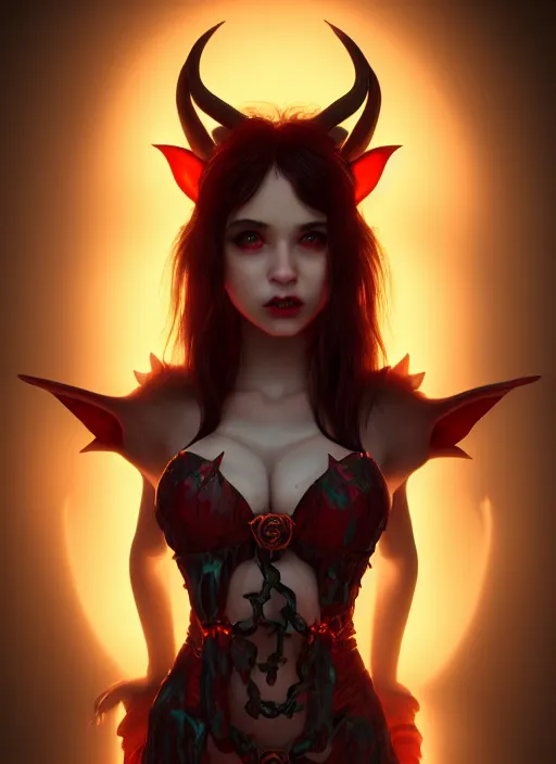 Image similar to imp demon goddess, cute elf ears, strapless dress, character portrait in the style of thomas river and artgerm, cinematic lighting, hyperdetailed, 8 k realistic, symmetrical, global illumination, radiant light,, frostbite 3 engine, cryengine, dof, trending on artstation, digital art, chanel