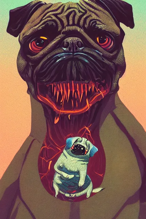 Image similar to demon pug eating flesh. art by mike winkelmann, sticker, illustration, highly detailed,