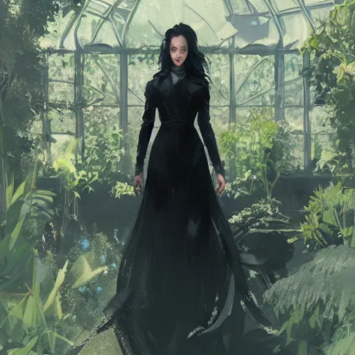 Prompt: portrait of a woman in a black dress standing in an elegant greenhouse garden, dramatic lighting, illustration by greg rutkowski, yoji shinkawa, 4 k, digital art, concept art, trending on artstation