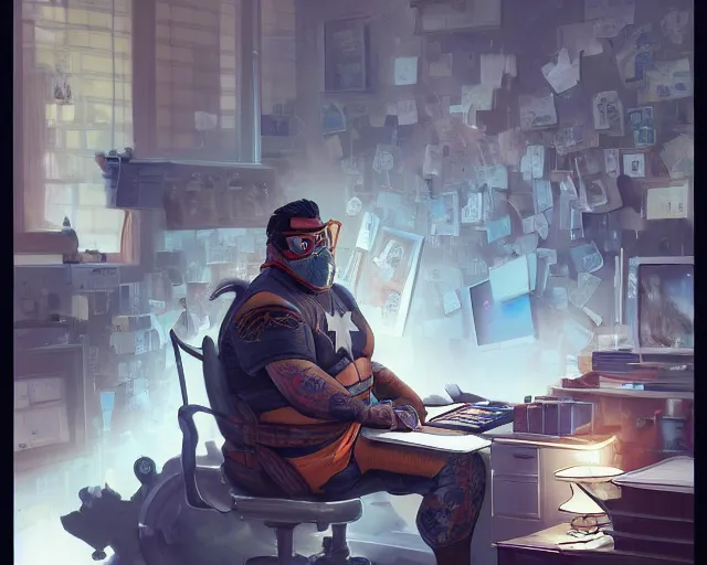 Image similar to an insanely detailed painting of a slightly chubby, nerdy asian man wearing a superhero costume and mask, sitting at a desk, staring at the nervously at the computer and typing, in the style of peter mohrbacher, dramatic lighting and composition, octane render, trending on artstation, concept art, comic book, view from behind