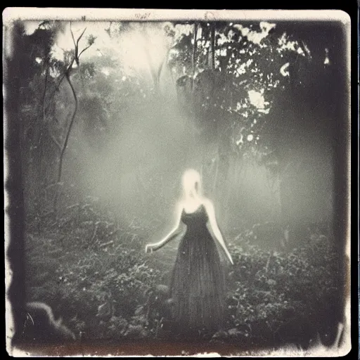 Image similar to an ancient evil-girl devouring the souls of the human kind on a mysterious Colombian jungle, mist, abandoned house, 1910 polaroid photography, grainy film, Black and white