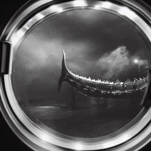 Image similar to a ghost leviathan seen through the porthole of a submarine, dark, underwater,