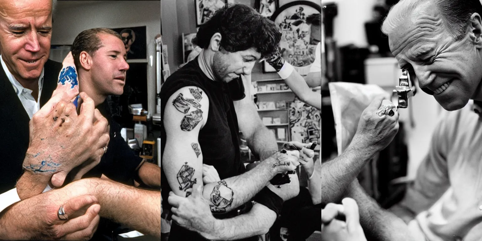 Prompt: Joe Biden crying as he gets his first tattoo on the arm, film still