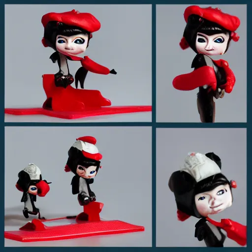 Image similar to audrey hepburn cos play walking 5 small dogs, stop motion vinyl action figure, plastic, toy, butcher billy style