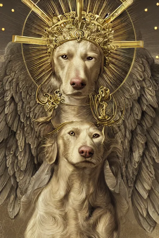 Image similar to a dog as god with a radiant halo, wings, detailed face, gorgeous, flowing hair, very muscular male body, partial anatomy, stormy and grand war scene, delicate and intricate borders for decoration, caesar victorious, proud Emperor, crepuscular ray, intricate, highly detailed, 8K, digital painting, fantasy, concept art, sharp focus, over-shoulder shot, illustration, art by greg rutkowski beeple and alphonse mucha