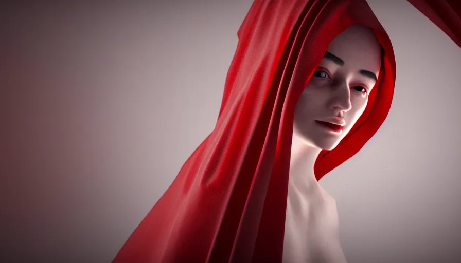 Image similar to ghost wrapped in redsilksheet, cloth sim, photorealistic rendering, raytracing, volumetric lighting, cloth simulation, reflections, darkness, high contrast