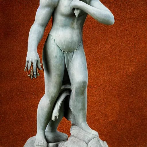 Image similar to long shot photo of a soapstone Art Deco statue Hades wearing a tunic, long pants,Cerberus on his side,sculped by Paul Landowski,Jean Dupas, Tamara de Lempicka, Reginald Marsh, Rockwell Kent, and Diego Rivera,beared,long shot,wide shot,low angle,Sigma 85 mm,very detailed,unreal-engine,city in the background