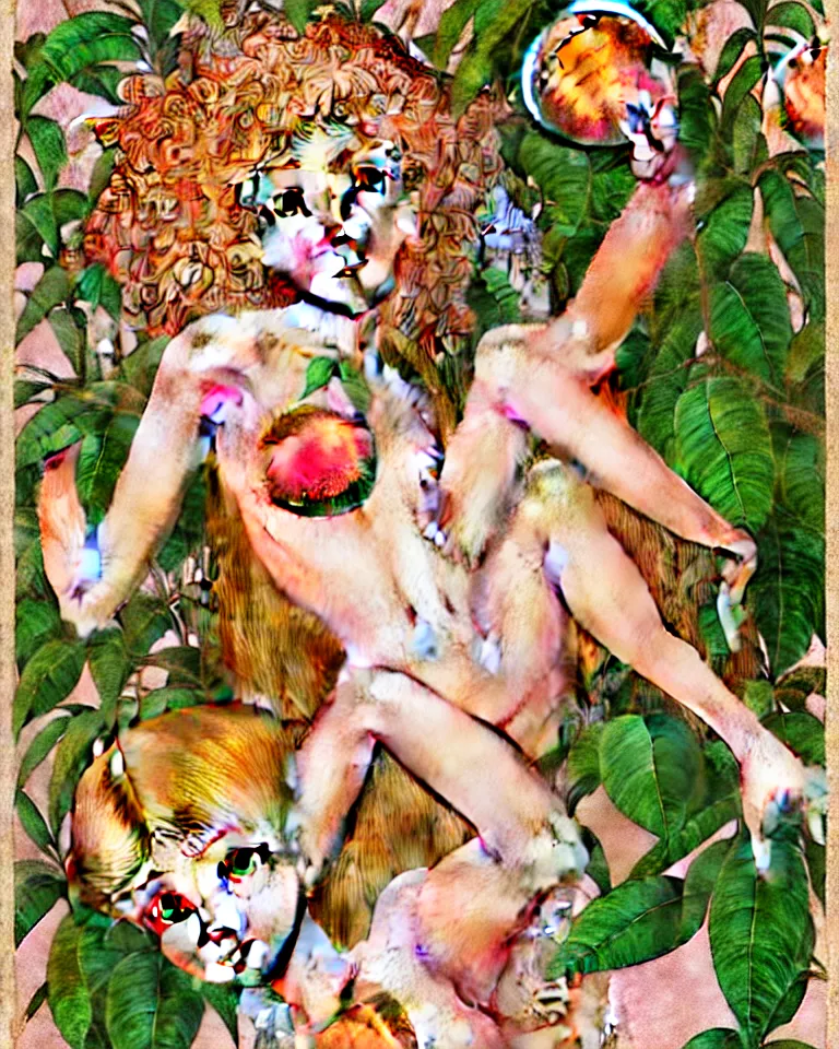 Prompt: A full body shot of curious and vibrant princess of peach fruits fairies, her skin is made of detailed pale human skin. Shiny hair made of highly detailed plant roots strands and (((few))) peaches. A leaf is growing like weed from her belly bottom. Gently looking at the camera. Soft details. Clear eyes. Octane Render. Art nouveau. 4k. 8k. Detailed. Refined. Body art. Highly Detailed. Face by Otto Schmit. Detailed Garden of fruits as background. Trending on artstation.