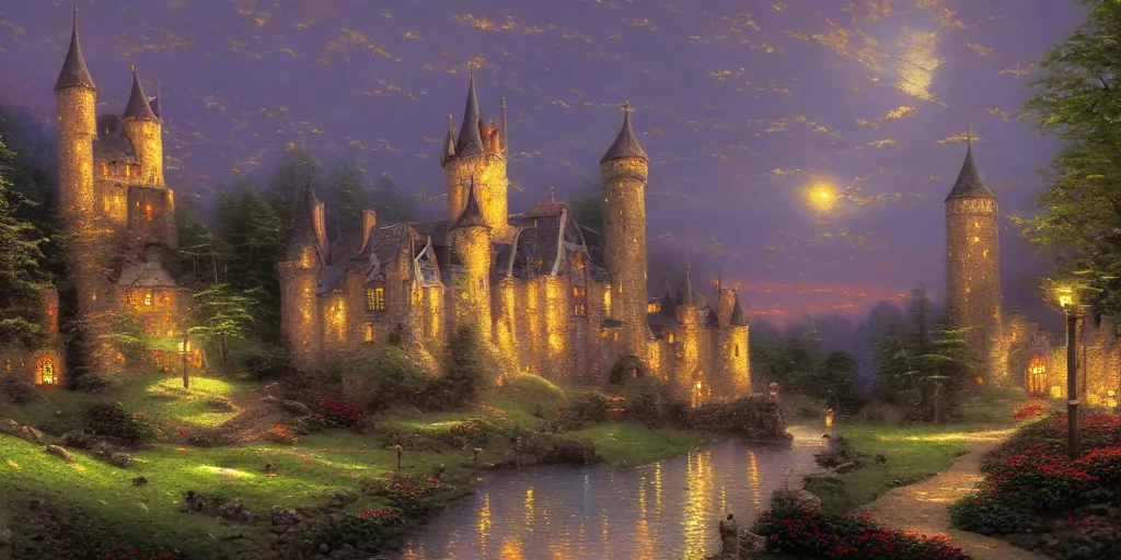 Prompt: thomas kinkade painting of medieval castle with lit windows in the woods, dark, mossy, dusk, dawn