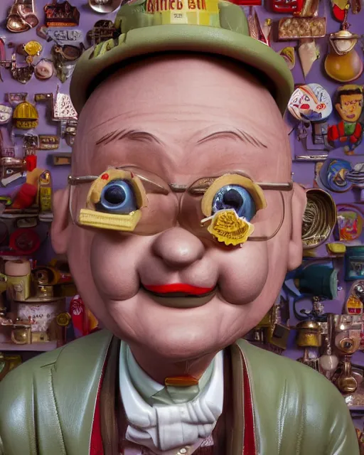 Image similar to highly detailed closeup, face profile portrait of a tin toy robert crumb in a retro 1 9 5 0 s kitchen eating cakes, depth of field, fashion photoshoot by nicoletta ceccoli, mark ryden, lostfish, dan decarlo, bob clampett, max fleischer, breathtaking, detailed and intricate environment, 8 k resolution, hyperrealistic, octane render