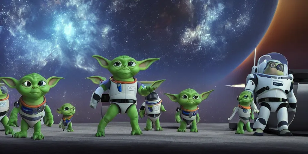 Prompt: a 3 d rendered movie still, wide - angle shot, 1 0 0 meter in the distance, baby yoda wearing a spacesuit, and exploring cosmos in a super awesome space ship. dramatic lighting, imax, 7 0 mm. science fiction blockbuster movie, buzz lightyear.