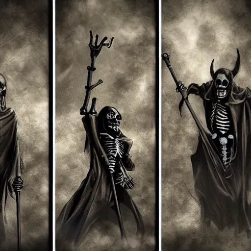 Prompt: ! dream a triptych with a skeleton, grim reaper, and devil, horror, scary, dark, high detail, cinematic lighting, medieval,