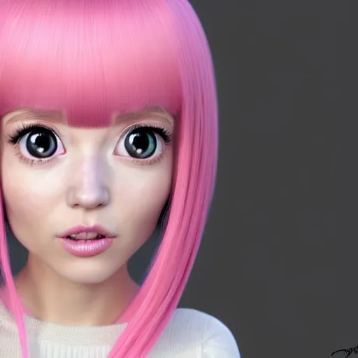 Image similar to A portrait of Nikki from Shining Nikki and Love Nikki, a cute 3d cgi toon young woman with long light pink hair, full bangs, hazel eyes, full round face, light makeup, pale skin, Chinese heritage, medium shot, mid-shot, hyperdetailed, 8k, trending on artstation, as a Pixar character