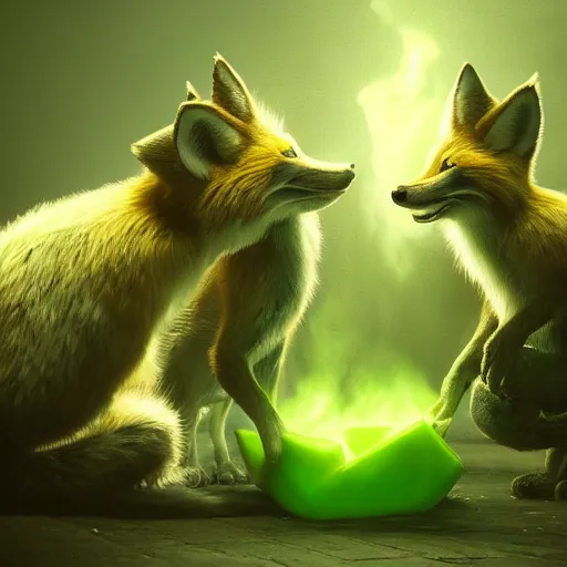 Prompt: A hyper real comic book style portait painting of a smiling green fox giving birth to three youngsters, unreal 5, hyperrealistic, octane render, cosplay, RPG portrait, dynamic lighting