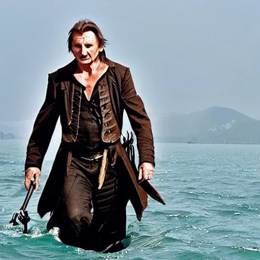 Image similar to Liam Neeson in pirate suit in a boat