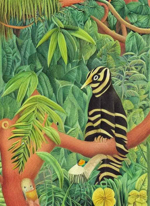 Prompt: rare bird in the jungle, highly detailed, style of henri rousseau and richard scarry