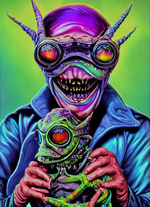 Prompt: marty feldman as an apocalyptic scifi goblinish iridescent mudskipper biker character, psychedelic vibrant colors, futuristic punk rock fashion, oil painting by michael whelan art, richard corben, perfect face, sharp focus, detailed eyes, realistic, 8 k