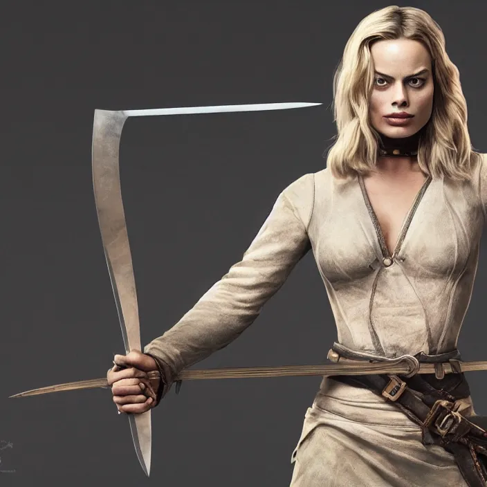 Prompt: margot robbie, holding broadsword. very coherent symmetrical artwork. cinematic, high detail, octane render, 8 k