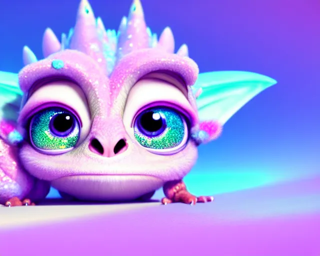 Image similar to a cute cute baby dragon, big eyes, soft fur texture, pastel colours, colorful, shiny glitter crystals, cute, adorable, pixar animation style, detailed, soft light, octane render, cute, 4 k,