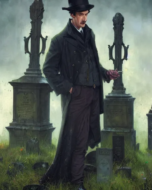 Prompt: sherlock holmes standing in a graveyard, night, detailed, hd, bright, sunny, by tom bagshaw, by fintan magee, by raymond swanland, by sherree valentine daines