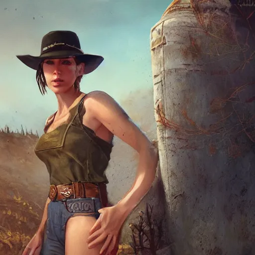 Prompt: fallout 5, charismatic beautiful, rugged, brunette female protagonist wearing a cowboy - hat, portrait, outdoors ruined coastal area, atmospheric lighting, painted, intricate, volumetric lighting, beautiful, spring, sharp focus, warm deep colours, ultra detailed, by leesha hannigan, ross tran, thierry doizon, kai carpenter, ignacio fernandez rios