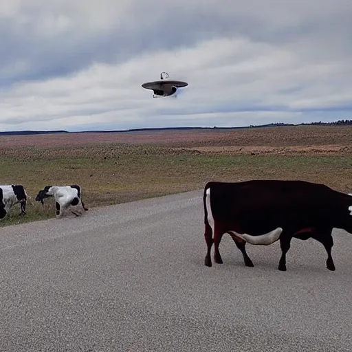 Image similar to dashcam footage of an alien spaceship abducting a cow