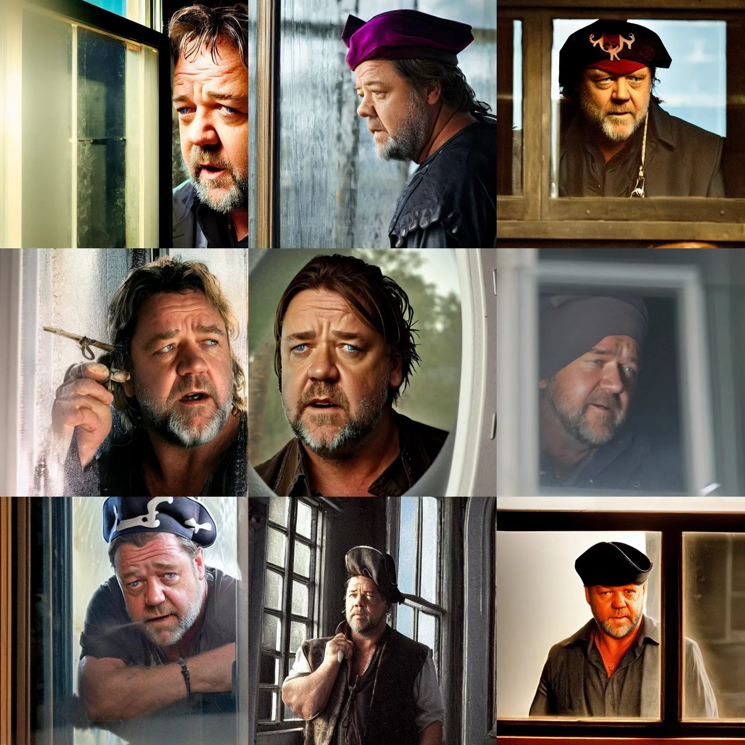 Image similar to russell crowe wearing a pirate hat behind a dirty window staring out