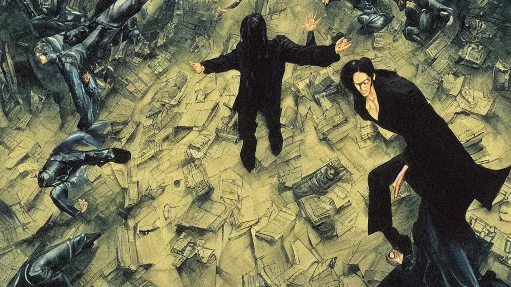 Prompt: an oil painting in the style of alan lee depicting the plot of the movie the matrix ( 1 9 9 9 )