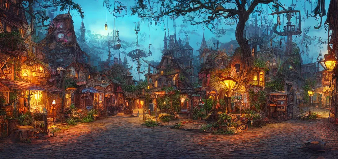 Image similar to Look of a steampunk village, full daylight, evening, cartoon moody scene, digital art, 8k, colorful details of lush nature covering the streets