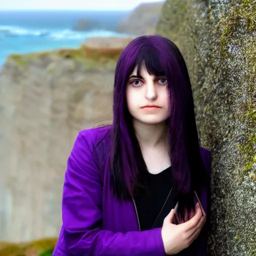 Prompt: 1 7 - year - old pale - skinned persian girl with black long bob cut, black gothic jacket, purple eyes, psychic girl, standing on cliff along the irish coast, overcast gray skies