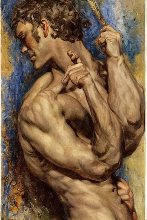 Image similar to attractive male, painting by gustave moreau, j. c. leyendecker