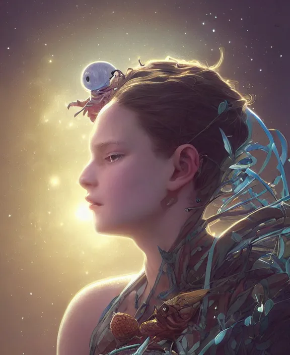 Image similar to simplicity, portrait of a adorable childlike insect alien, milky way environment, ultra realistic, concept art, intricate details, cheerful, highly detailed, photorealistic, octane render, 8 k, unreal engine. art by artgerm and greg rutkowski and alphonse mucha