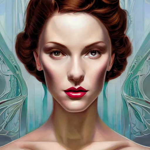 Image similar to an elegant streamline moderne, art nouveau, multi - ethnic and multi - racial portrait in the style of charlie bowater, and in the style of donato giancola, and in the style of charles dulac. very large, clear, expressive, intelligent eyes. symmetry, centered, ultrasharp focus, dramatic lighting, photorealistic digital painting, intricately detailed background.